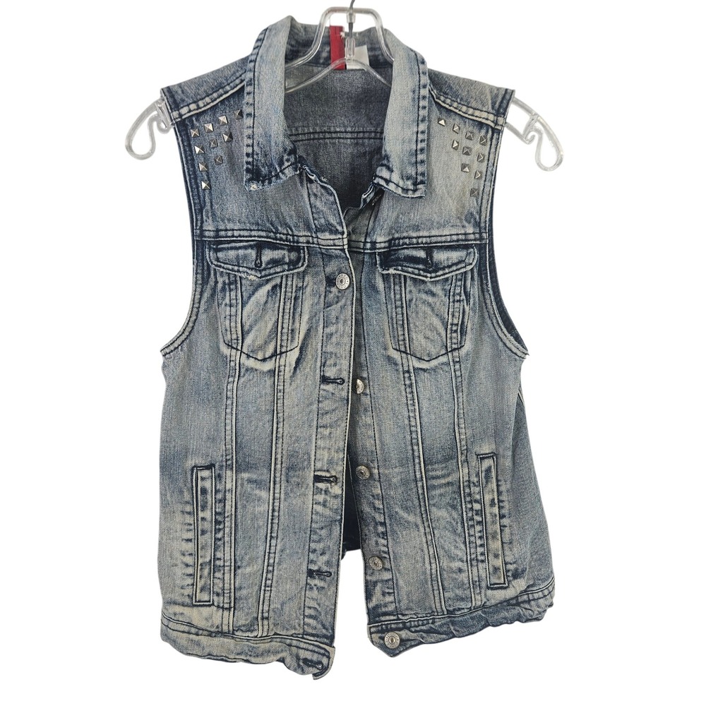 Vintage y2k Distressed Studded‎ Denim Trucker Punk Grunge Jean Jacket Vest Jr Sm
